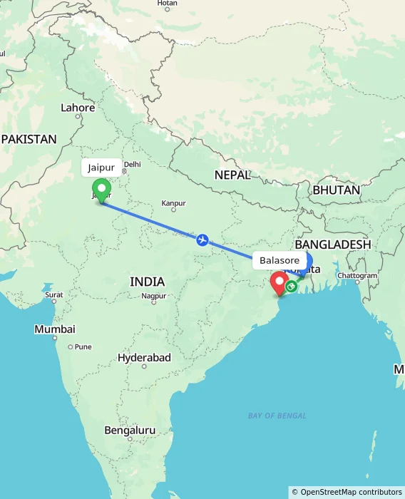 Route map showing distance and travel time from Jaipur, India to Balasore, India