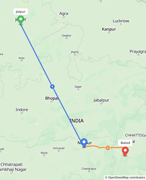 Route map showing distance and travel time from Jaipur, India to Balod, India