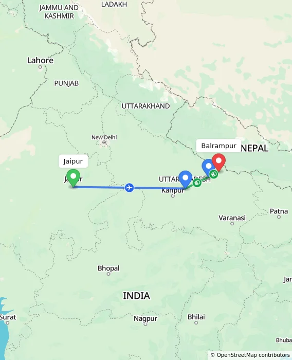 Route map showing distance and travel time from Jaipur, India to Balrampur, India