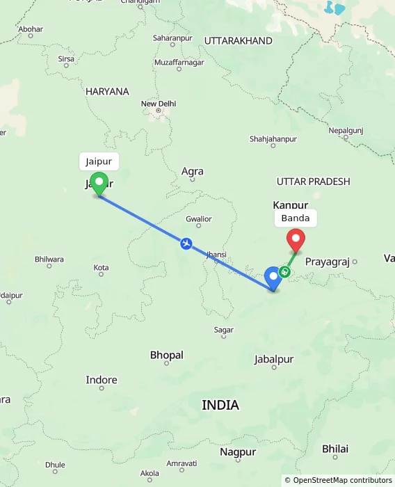 Route map showing distance and travel time from Jaipur, India to Banda, India