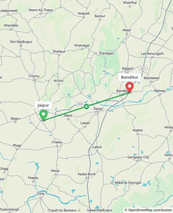 Route map showing distance and travel time from Jaipur, India to Bandikui, India