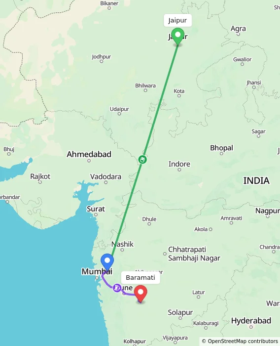 Route map showing distance and travel time from Jaipur, India to Baramati, India