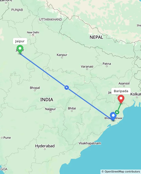 Route map showing distance and travel time from Jaipur, India to Baripada, India