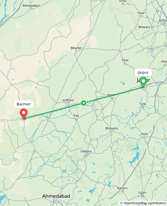 Route map showing distance and travel time from Jaipur, India to Barmer, India