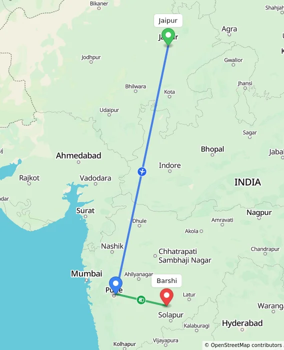 Route map showing distance and travel time from Jaipur, India to Barshi, India