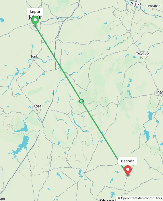 Route map showing distance and travel time from Jaipur, India to Basoda, India