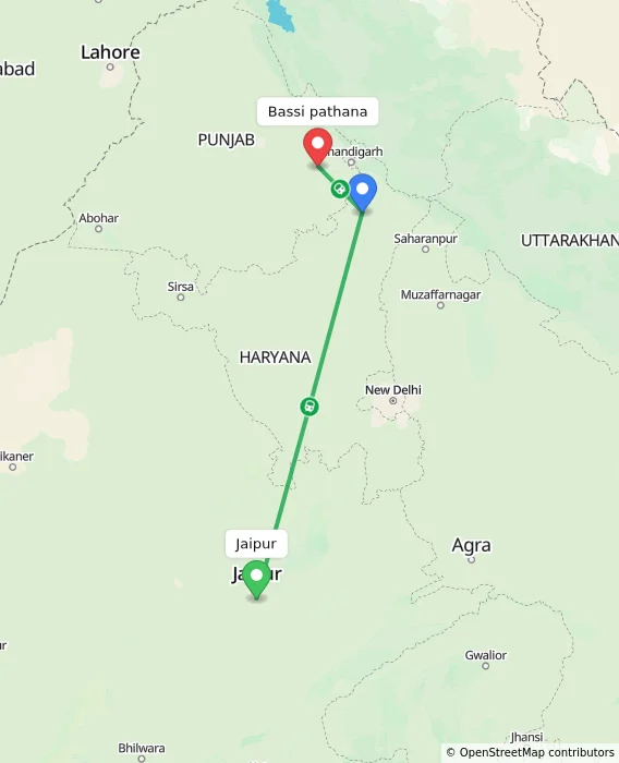 Route map showing distance and travel time from Jaipur, India to Bassi pathana, India