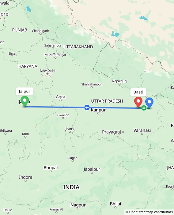 Route map showing distance and travel time from Jaipur, India to Basti, India