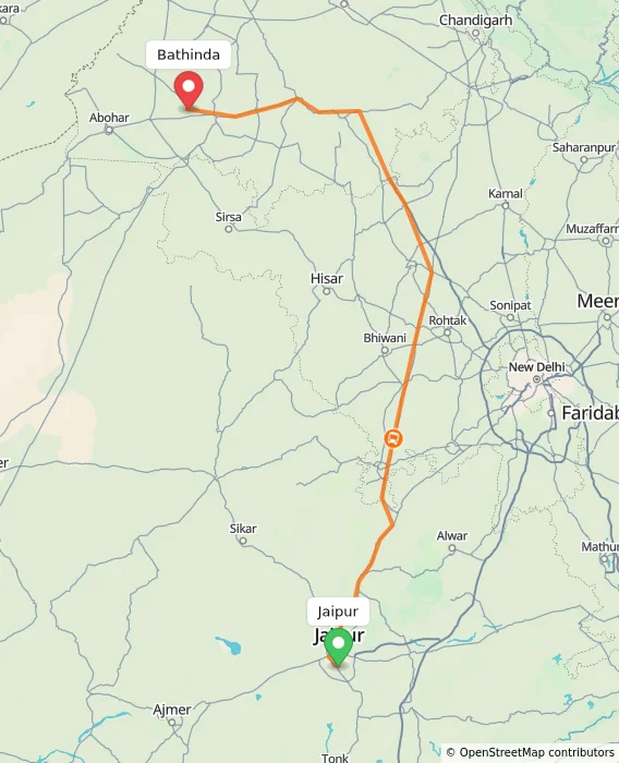 Route map showing distance and travel time from Jaipur, India to Bathinda, India