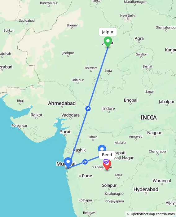 Route map showing distance and travel time from Jaipur, India to Beed, India