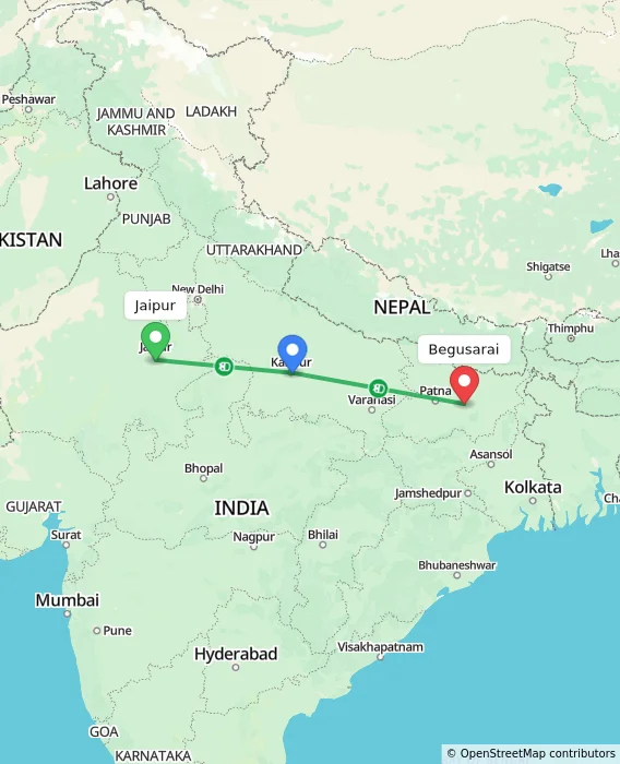 Route map showing distance and travel time from Jaipur, India to Begusarai, India