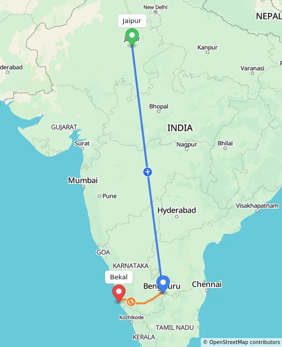 Route map showing distance and travel time from Jaipur, India to Bekal, India
