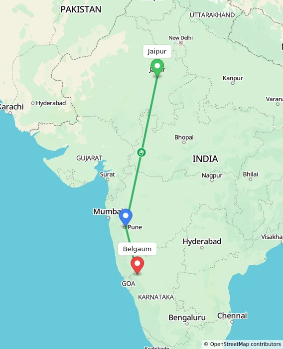 Route map showing distance and travel time from Jaipur, India to Belgaum, India
