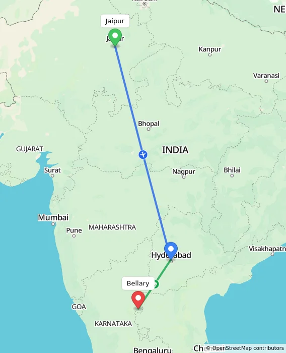Route map showing distance and travel time from Jaipur, India to Bellary, India