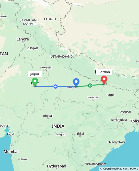 Route map showing distance and travel time from Jaipur, India to Bettiah, India