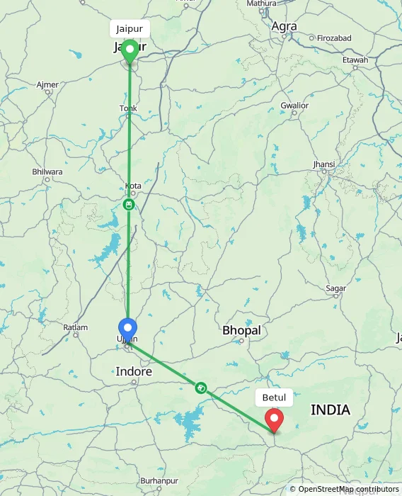 Route map showing distance and travel time from Jaipur, India to Betul, India
