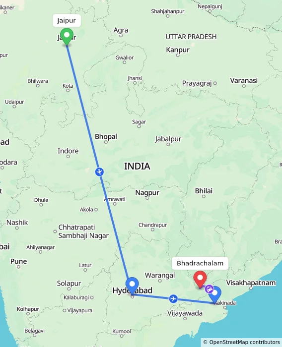 Route map showing distance and travel time from Jaipur, India to Bhadrachalam, India