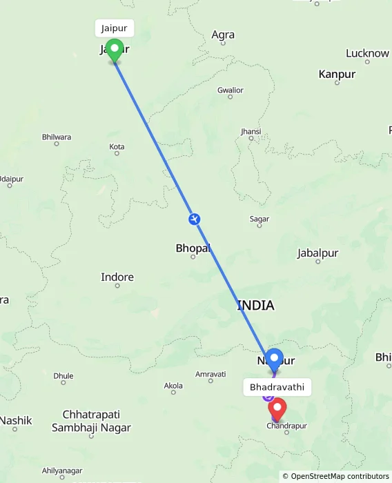 Route map showing distance and travel time from Jaipur, India to Bhadravathi, India