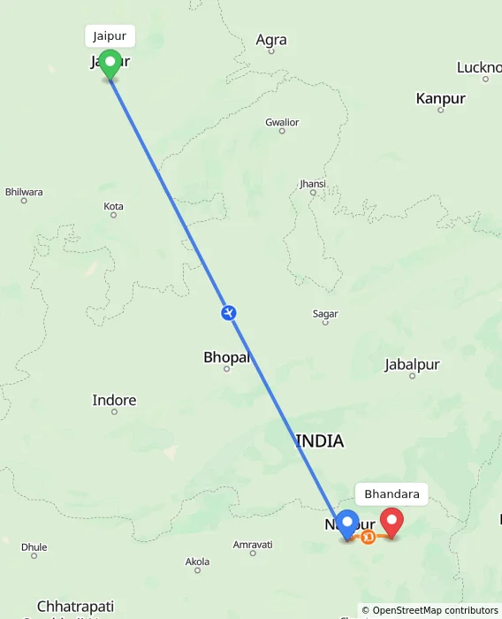 Route map showing distance and travel time from Jaipur, India to Bhandara, India