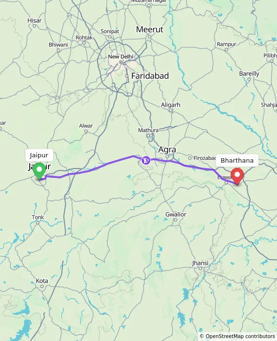 Route map showing distance and travel time from Jaipur, India to Bharthana, India