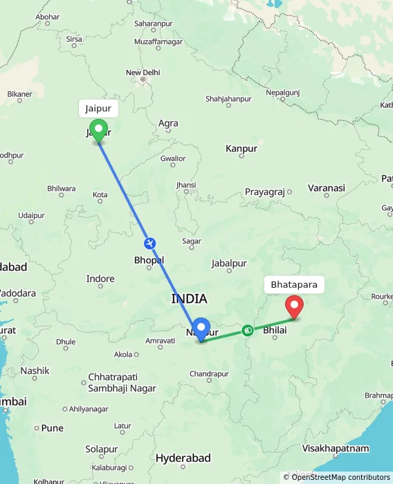 Route map showing distance and travel time from Jaipur, India to Bhatapara, India