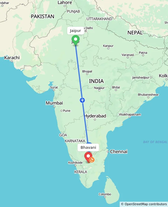 Route map showing distance and travel time from Jaipur, India to Bhavani, India