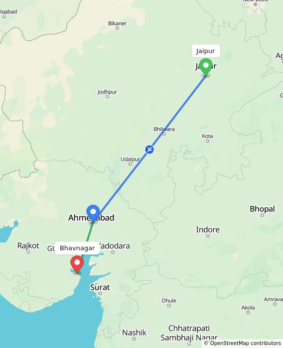 Route map showing distance and travel time from Jaipur, India to Bhavnagar, India