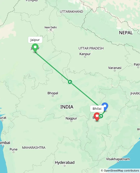 Route map showing distance and travel time from Jaipur, India to Bhilai, India