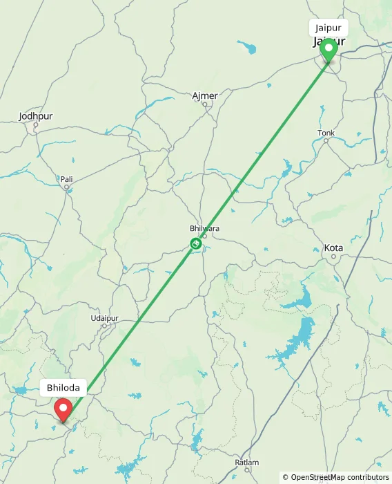 Route map showing distance and travel time from Jaipur, India to Bhiloda, India