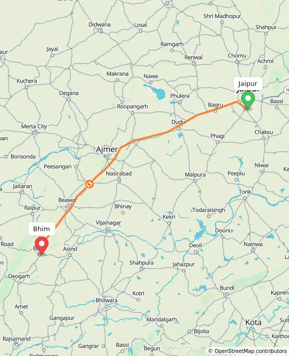 Route map showing distance and travel time from Jaipur, India to Bhim, India