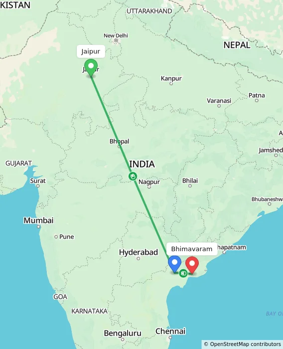 Route map showing distance and travel time from Jaipur, India to Bhimavaram, India