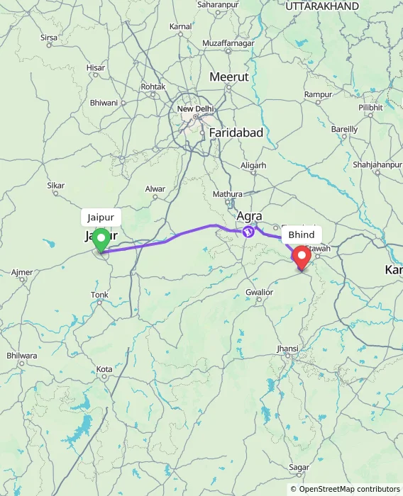 Route map showing distance and travel time from Jaipur, India to Bhind, India