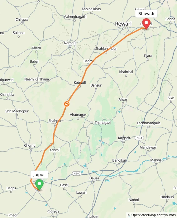 Route map showing distance and travel time from Jaipur, India to Bhiwadi, India
