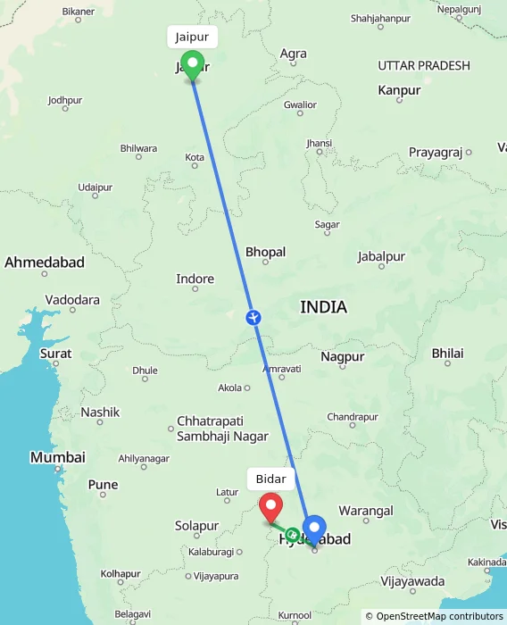 Route map showing distance and travel time from Jaipur, India to Bidar, India