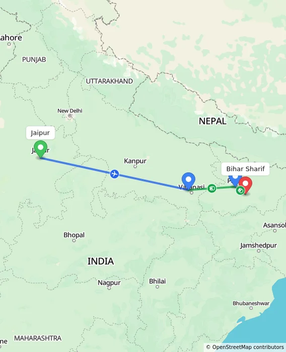 Route map showing distance and travel time from Jaipur, India to Bihar Sharif, India
