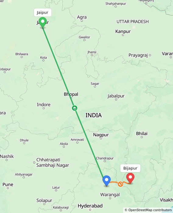 Route map showing distance and travel time from Jaipur, India to Bijapur, India