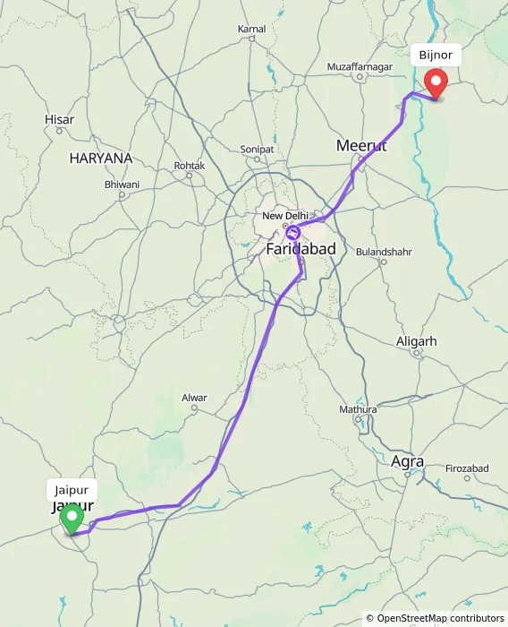 Route map showing distance and travel time from Jaipur, India to Bijnor, India