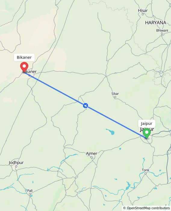 Route map showing distance and travel time from Jaipur, India to Bikaner, India