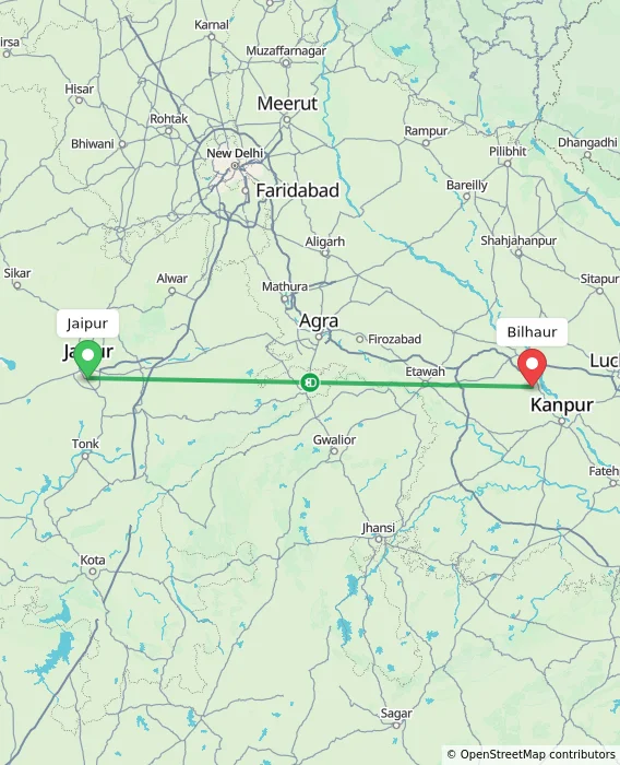 Route map showing distance and travel time from Jaipur, India to Bilhaur, India