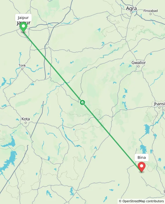 Route map showing distance and travel time from Jaipur, India to Bina, India