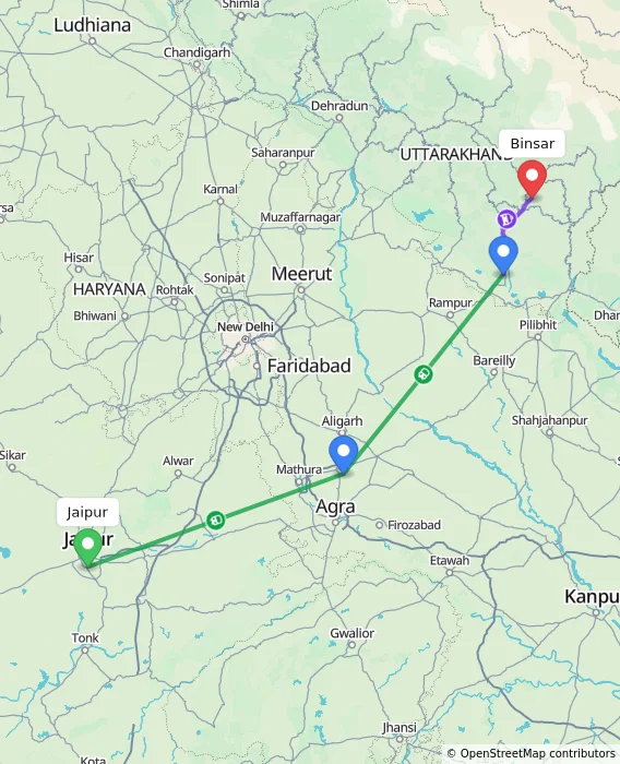 Route map showing distance and travel time from Jaipur, India to Binsar, India