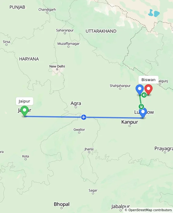 Route map showing distance and travel time from Jaipur, India to Biswan, India