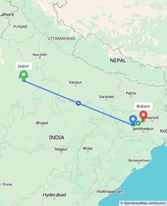 Route map showing distance and travel time from Jaipur, India to Bokaro, India