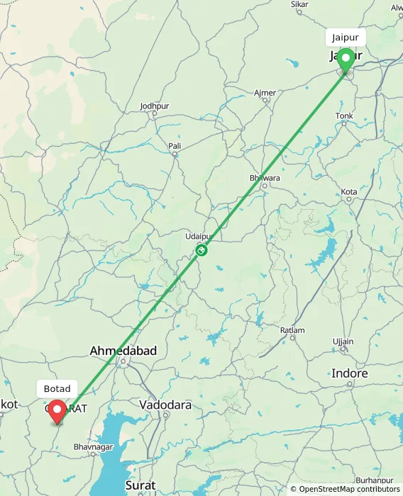 Route map showing distance and travel time from Jaipur, India to Botad, India
