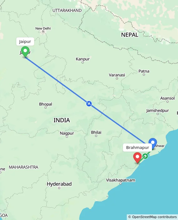 Route map showing distance and travel time from Jaipur, India to Brahmapur, India