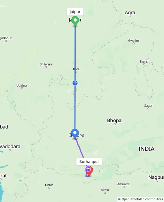 Route map showing distance and travel time from Jaipur, India to Burhanpur, India