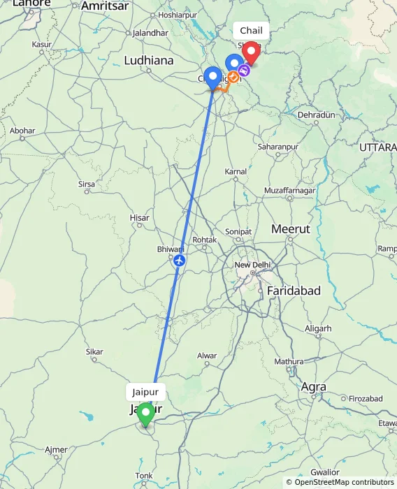 Route map showing distance and travel time from Jaipur, India to Chail, India