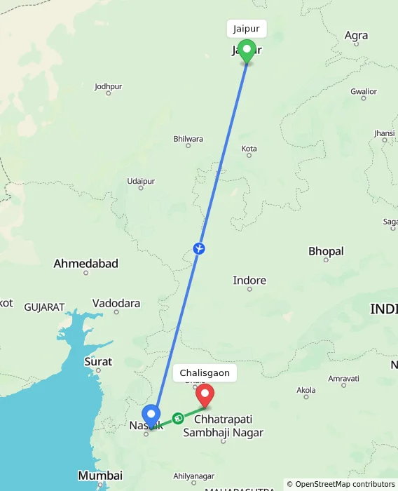 Route map showing distance and travel time from Jaipur, India to Chalisgaon, India