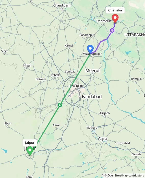 Route map showing distance and travel time from Jaipur, India to Chamba, India