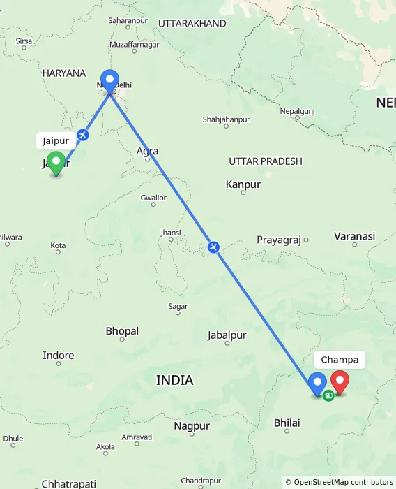Route map showing distance and travel time from Jaipur, India to Champa, India